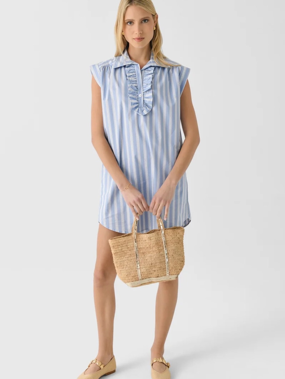 STARK X Roxy Mini Dress Size S Blue White Stripe Ruffle Trim Neckline EUC